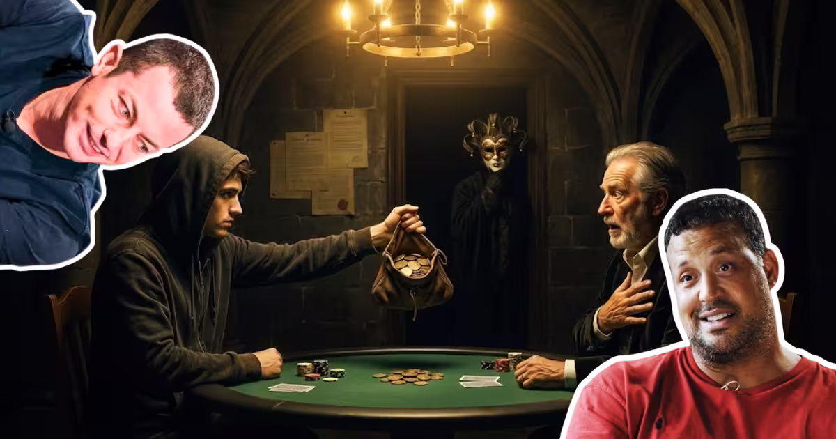 Composición claroscuro de un joven entregando monedas de oro a un veterano en una mesa de póker iluminada por velas