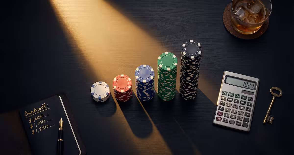 Pilas de fichas de póker organizadas meticulosamente con luz dorada